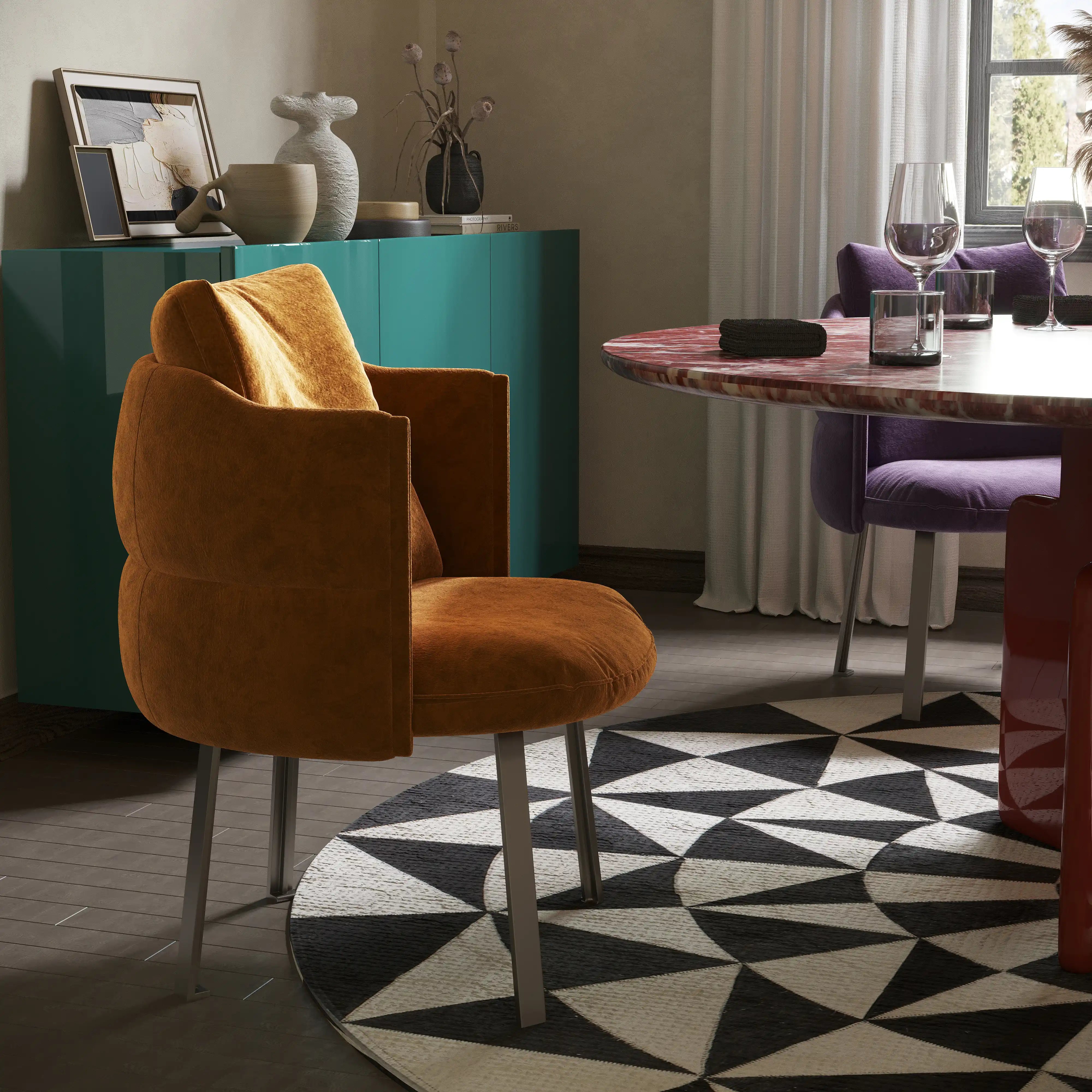 FU RONG Dining Chair | A Poetic Form in Fabric and Steel