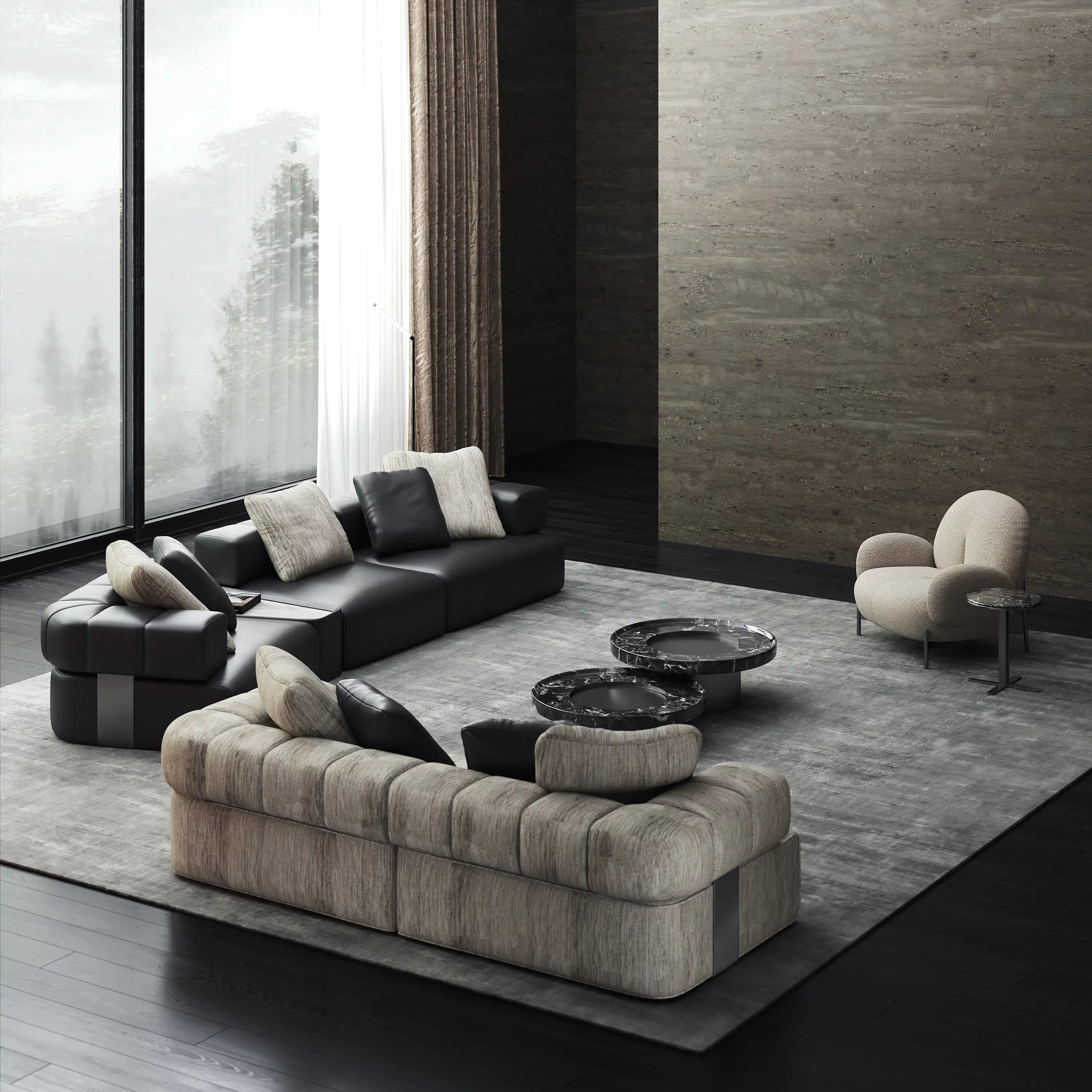 Xian Di Series Modular Sofa – Premium Leather & Matte Black Titanium Finish